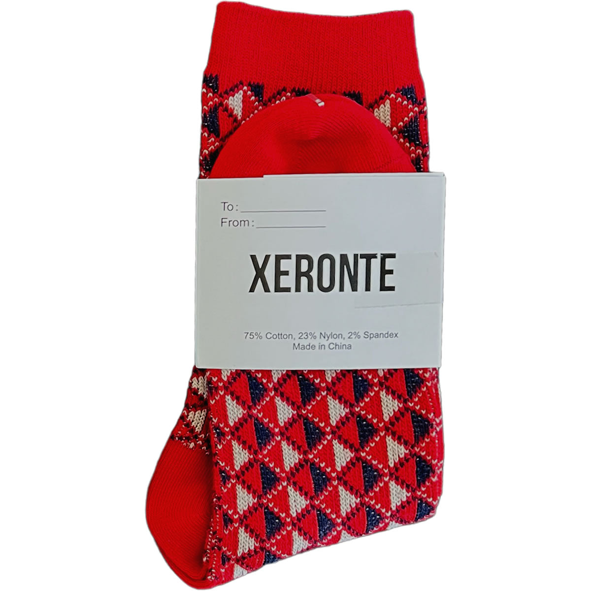 Red Diamond Quilted Pattern Mens Crew Socks Gift Label