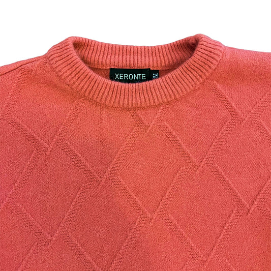 Salmon Pink Mens Knit Diamond Pattern Crew Neck Sweater Xeronte